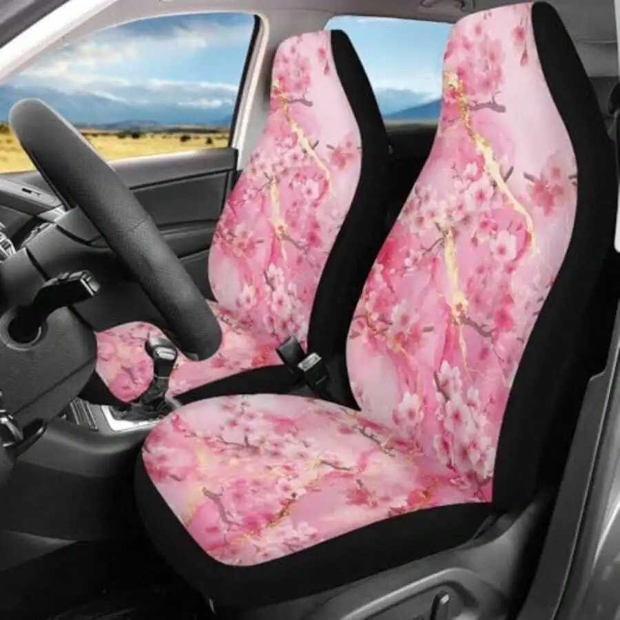 

Cherry Blossom Print Car Seat Covers 2PCS Pink Marble Universal Fit For Sedan SUV Van