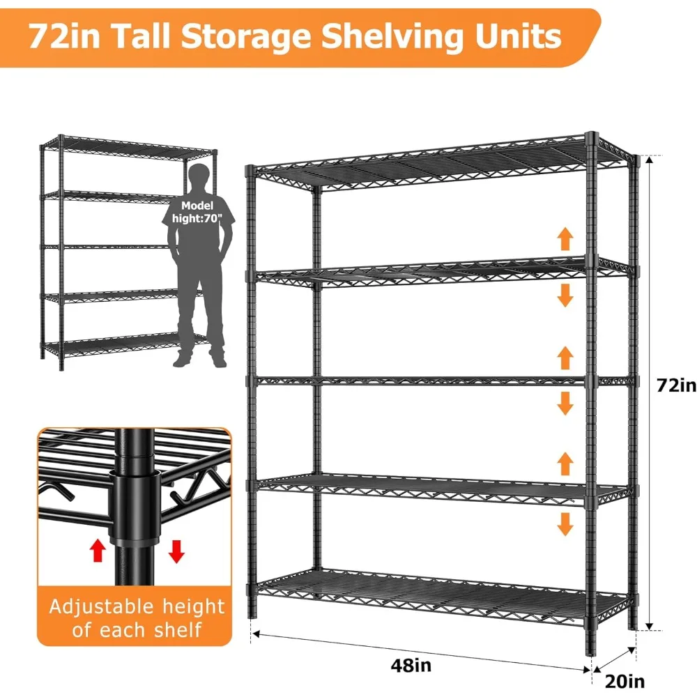 Storage Shelves Heavy Duty, Garage Wire Shelving Unit Loads 2000LBS, 5-tier Adjustable Metal Industrial Utility Shelf Rack