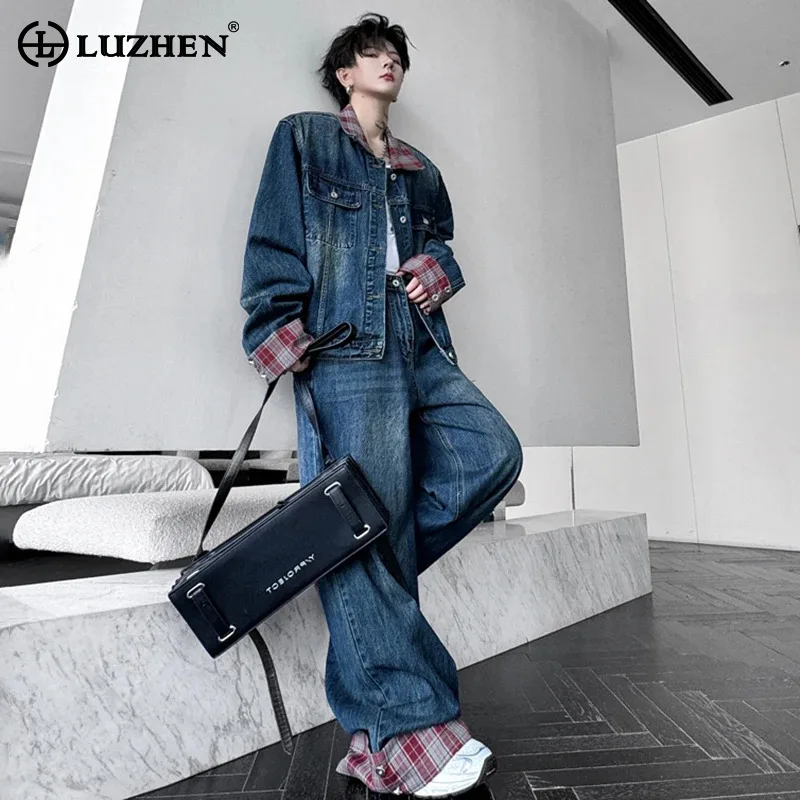 LUZHEN Denim Jacket Patchwork Design Autumn New Streetwear Male Two-piece Sets Casual Vintage Youth Washed Straight Jeans LZ7557