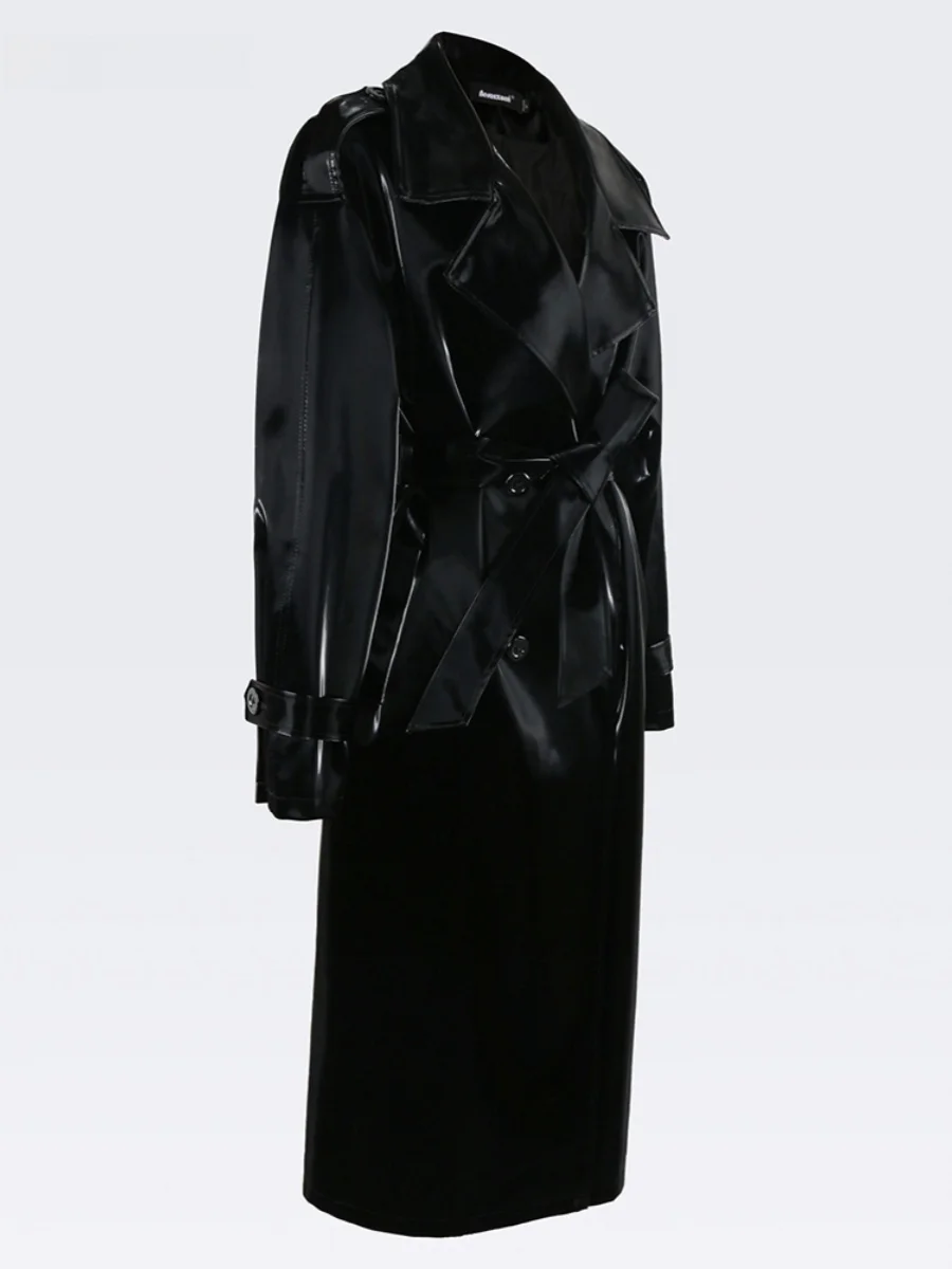 ネラッズーリ ルーズロング PU レザー ジャケット レディース ファッション ストリート スタイル ハイグロス ブラック ペイント レザー コート アウター