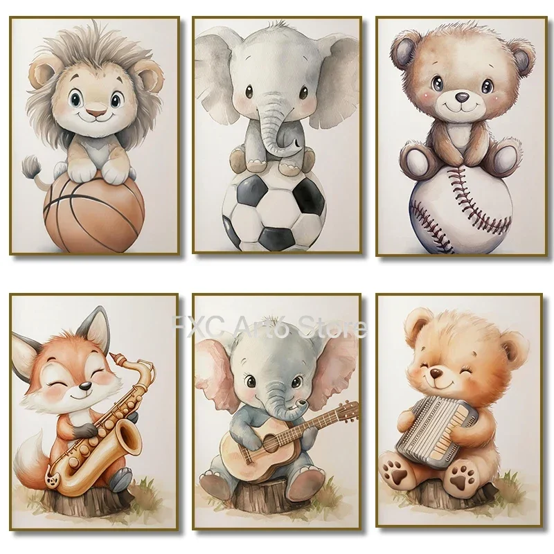 Frameless Watercolor Cute Animals Fox, Elephant, Bear, Playing Instruments Poster Canvas Painting Print Nursery Wall Art Home De