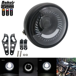 Universal Motorcycle Headlamp Cafe Racer Bobber 6.5 Inch DRL Angel Eyes H4 Led Headlight Spiral White Side Mount Bracket Parts