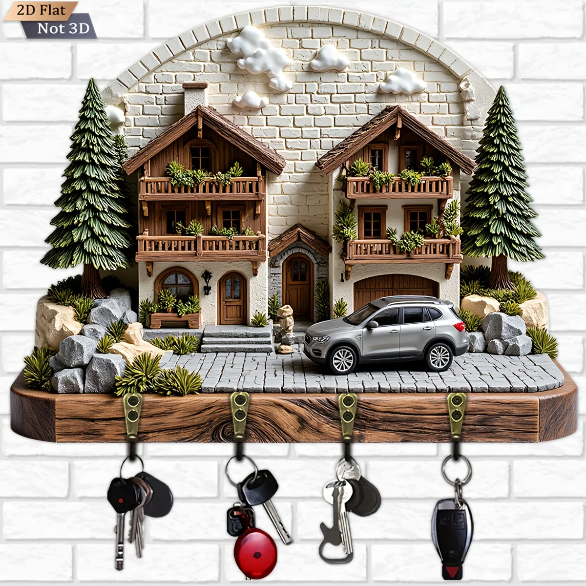 2D Flat, 1pc, Owl-Shaped Key Hook with Hat, Wooden Multifunctional Home Key Holder with Four Metal Hooks, Wall Decoration, view 2