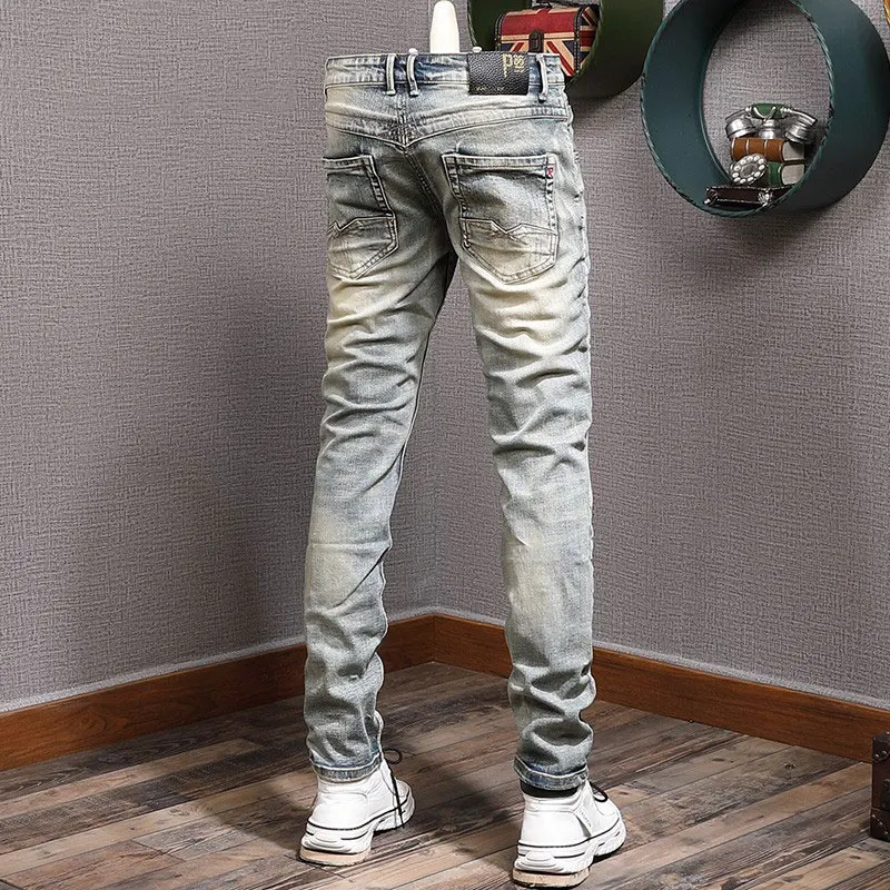 Fashion Vintage Men Jeans Retro Washed Elastic Slim Hole Ripped Jeans Men Embroidery Designer Patched Hip Hop Denim Pants Hombre