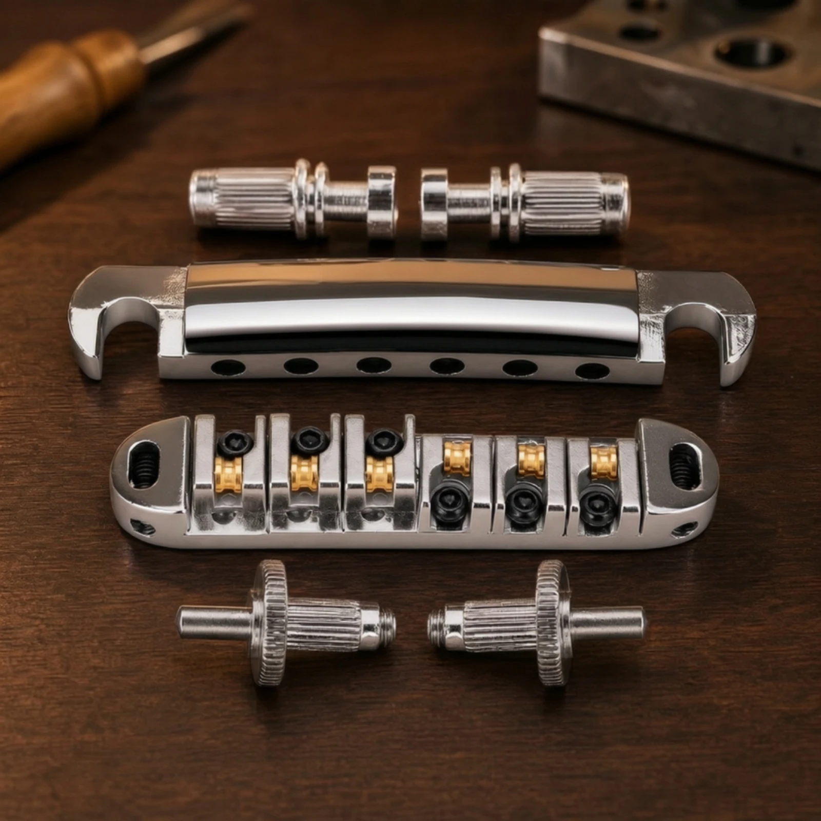 Electric Guitar Bridge and Tailpiece Set Adjustable Roller Bridge and Tailpiece Assembly Brass Sturdy for Les Paul Style Guitars
