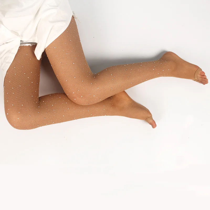USHINE Sale Rhinestone Open Toe Diamond Fishing Mesh Caramel-colored Pantnet Dance Wear Latin Stockings