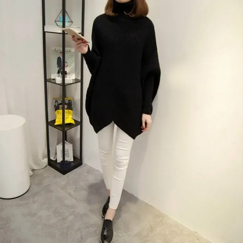 TPJB New Women Autumn Winter Burgundy Oversized Turtleneck Pullover Sweater Batwing Sleeve Knitted Jumpers Irregular Length