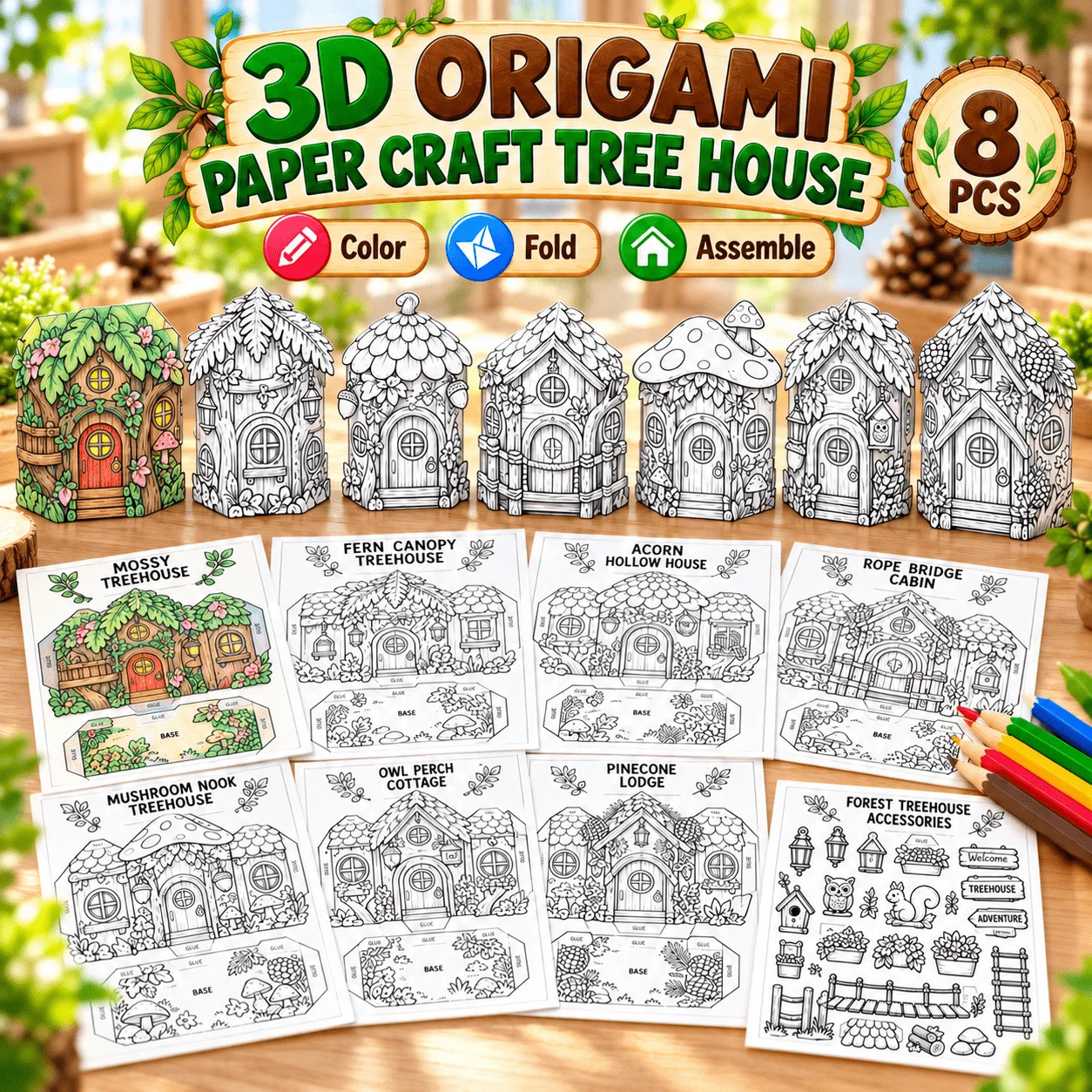 A4 Size 7 Style Tree House Origami Coloring Kit, DIY Forest Craft Foldable Origami Sheets, Coloring Creative Paper Art Project