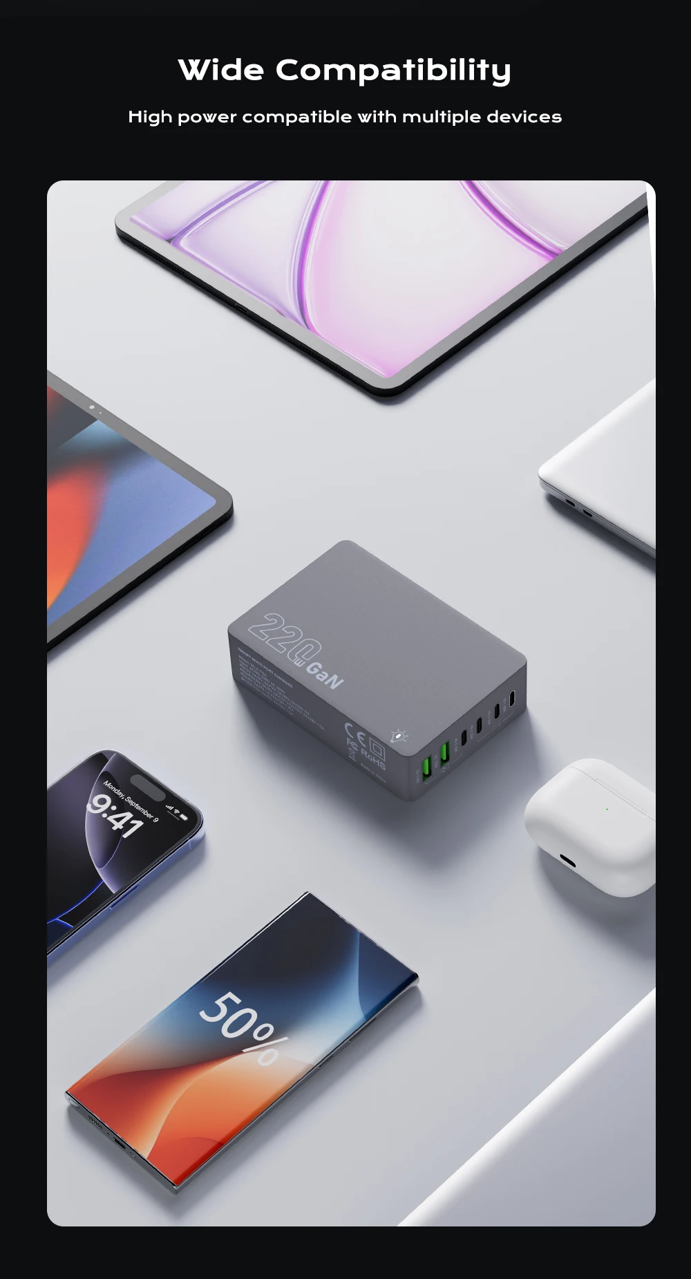 220 W GaN Desktop-Ladegerät 6-Ports PD 100 W USB Typ C QC 3.0 Schnellladestation für IPhone 16 Pro Tablet MacBook Samsung Laptop – Detail 11