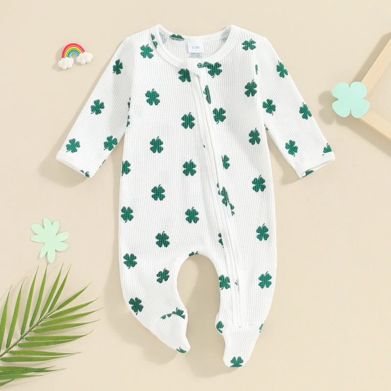 

Newborn Baby Girl Boy St Patrick s Day Outfit Toddler Baby Unisex Romper Irish Letter Print Long Sleeve Four Leaf