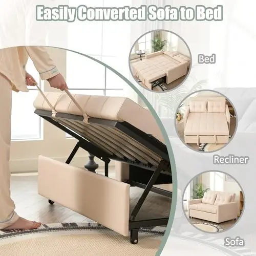 52' 3-in-1 슬리퍼 소파 베드, 린넨 베이지, 조절 가능한 등받이 및 측면 포켓 포함