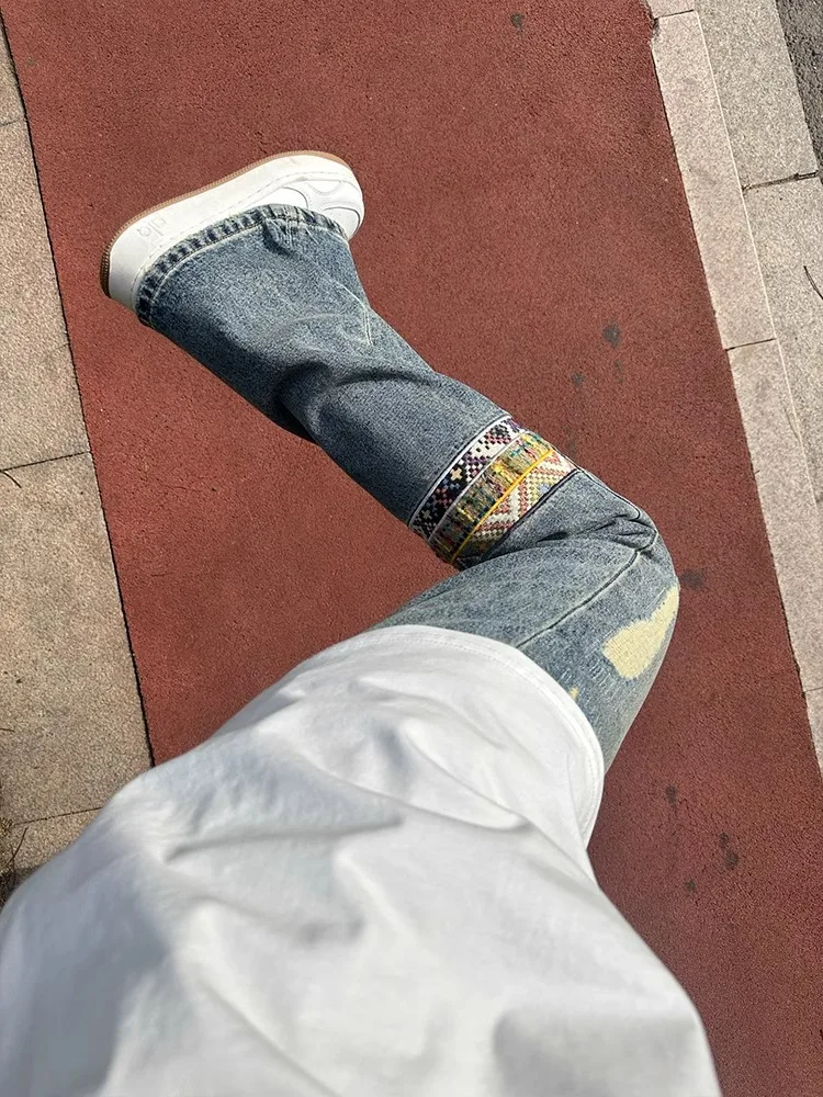 جينز رجالي من قماش الدنيم بتصميم كلاسيكي أمريكي مفرغ مستقيم الساق جرس بوت سراويل طويلة شبابية مقاومة للاهتراء منخفضة الخصر