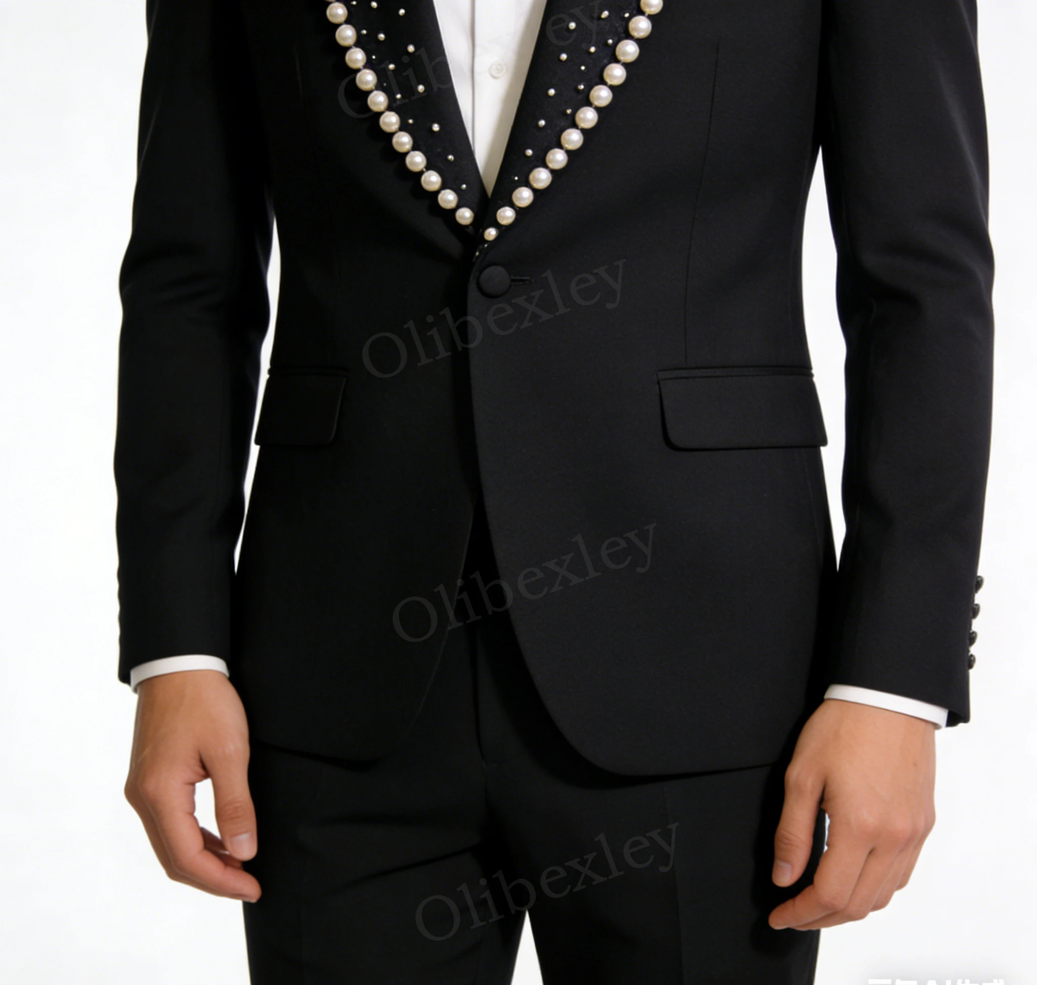 طقم سهرة فاخر للرجال باللون الأسود مكون من قطعتين مطرز بكريستال وطية صدر السترة بزر واحد تصميم مناسب لحفلات الزفاف والعريس مخصص عصري