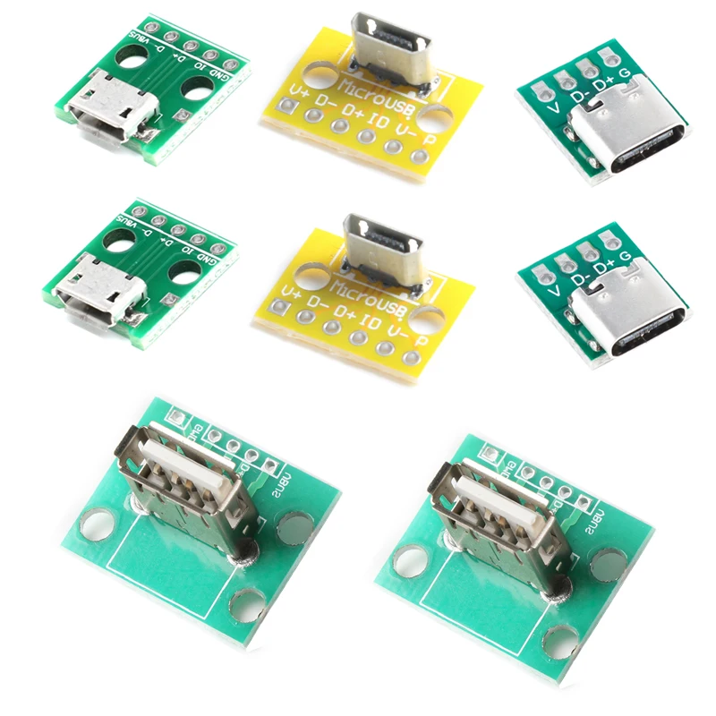 5Pcs Vertical USB Micro USB2.0 Female Head A/B Connector 2.54mm PCBConverter Adapter Breakout Board USB3.1 16P TYPE-C Mini