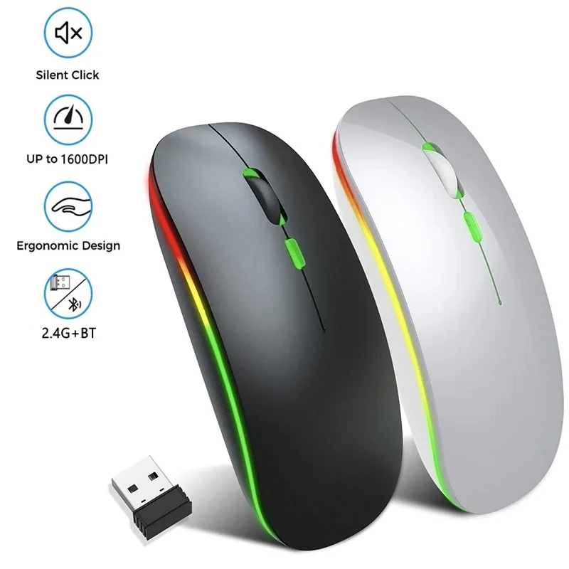 เมาส์ไร้สาย 2.4GHz บลูทูธเมาส์แบบชาร์จไฟได้เมาส์สำหรับเล่นเกมตามหลักสรีรศาสตร์ที่เงียบสงบพร้อมไฟแบ็คไลท์ USB 1600DPI เมาส์สำหรับแล็ปท็อปพีซี