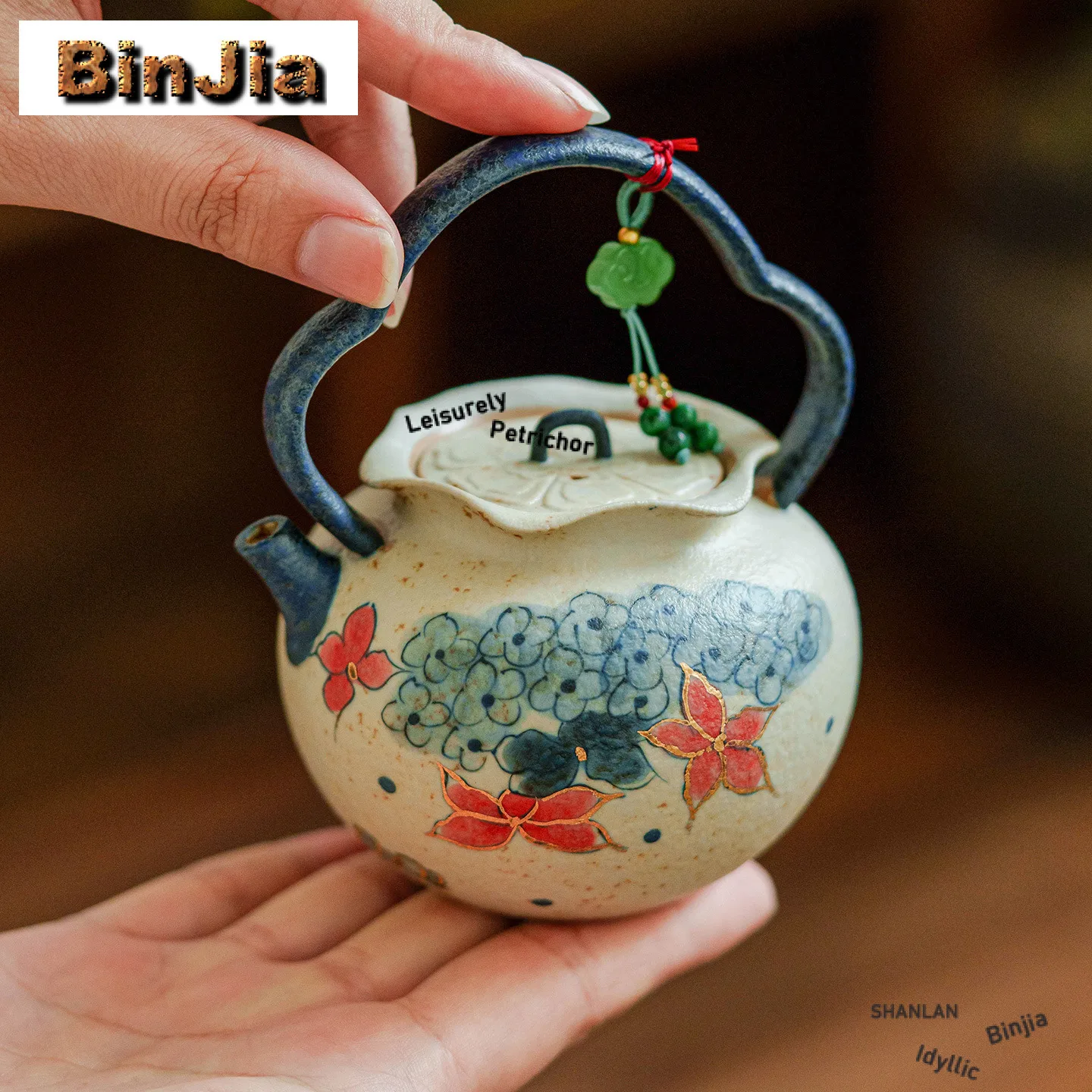 

150ml Hand Painted Hydrangea Lifting Handle Teapot Ancient Tea Infuser Pot Tea Soaking Kettle With Filter Tea Items Collection