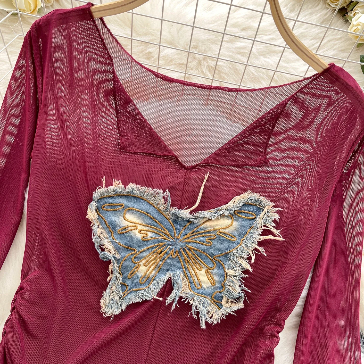 Vintage Mesh Sexy Long Sleeve Distressed Casual Butterfly Basics Embroidered Slim Korean Fashion High Street Autumn Women Blouse