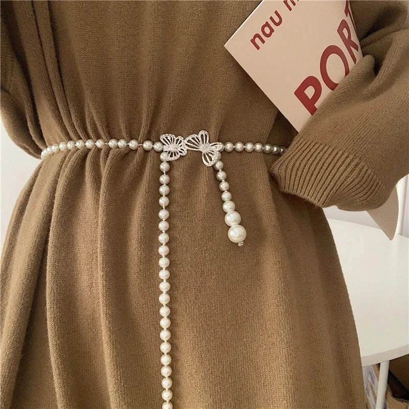 

Women's Chain Pearl Belt Fashion Belt Paired with Shirt Dress Decoration Butterfly Wedding Designer Chain Belt 401