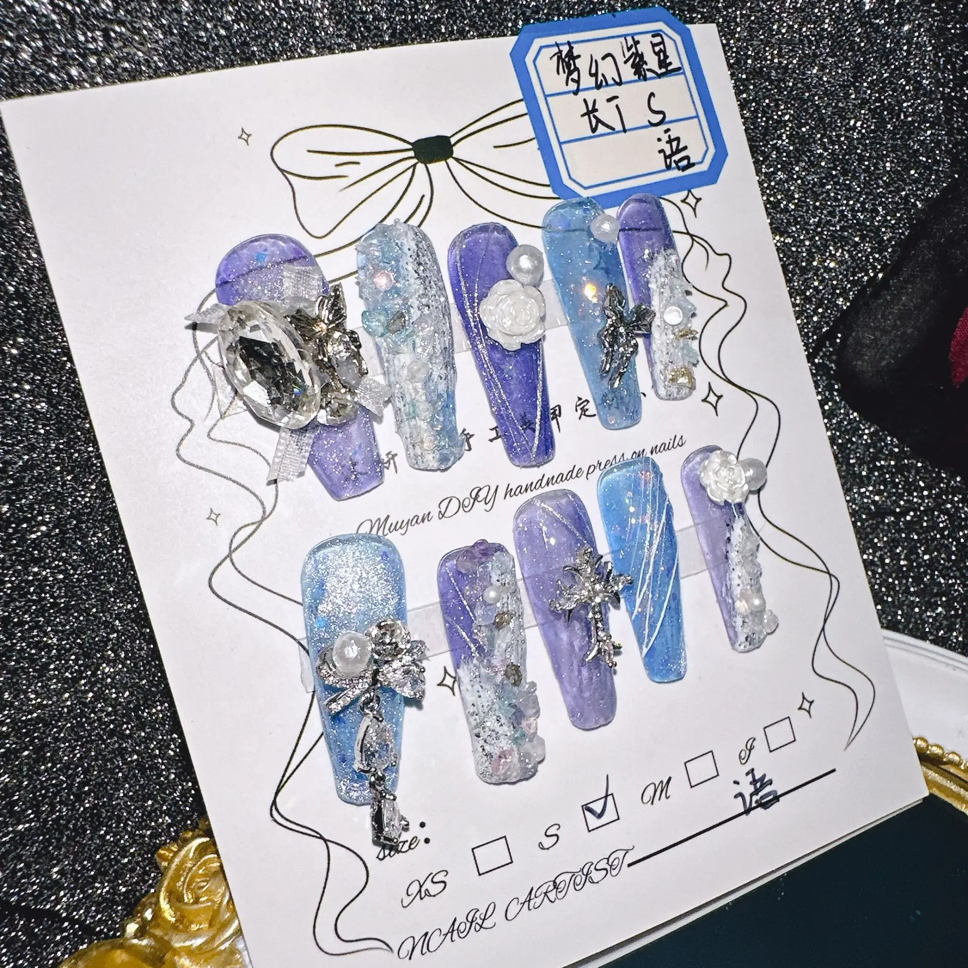 

Dreamy Purple Star Press On Nails Purple Blue Shimmer Glitter Handmade with 3D Pearl Butterfly Design Easy Apply False Nails