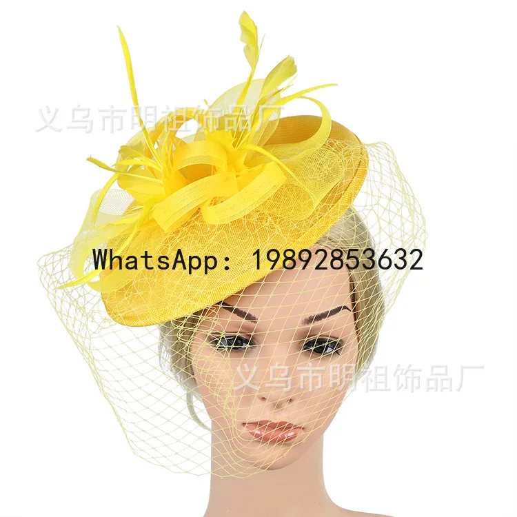 

Имитация конопляной шляпы-федоры PYJ с перьями и цветами, сетчатая шляпа из тюля, свадебный головной убор, европейская и американская мода, аксессуары для волос.