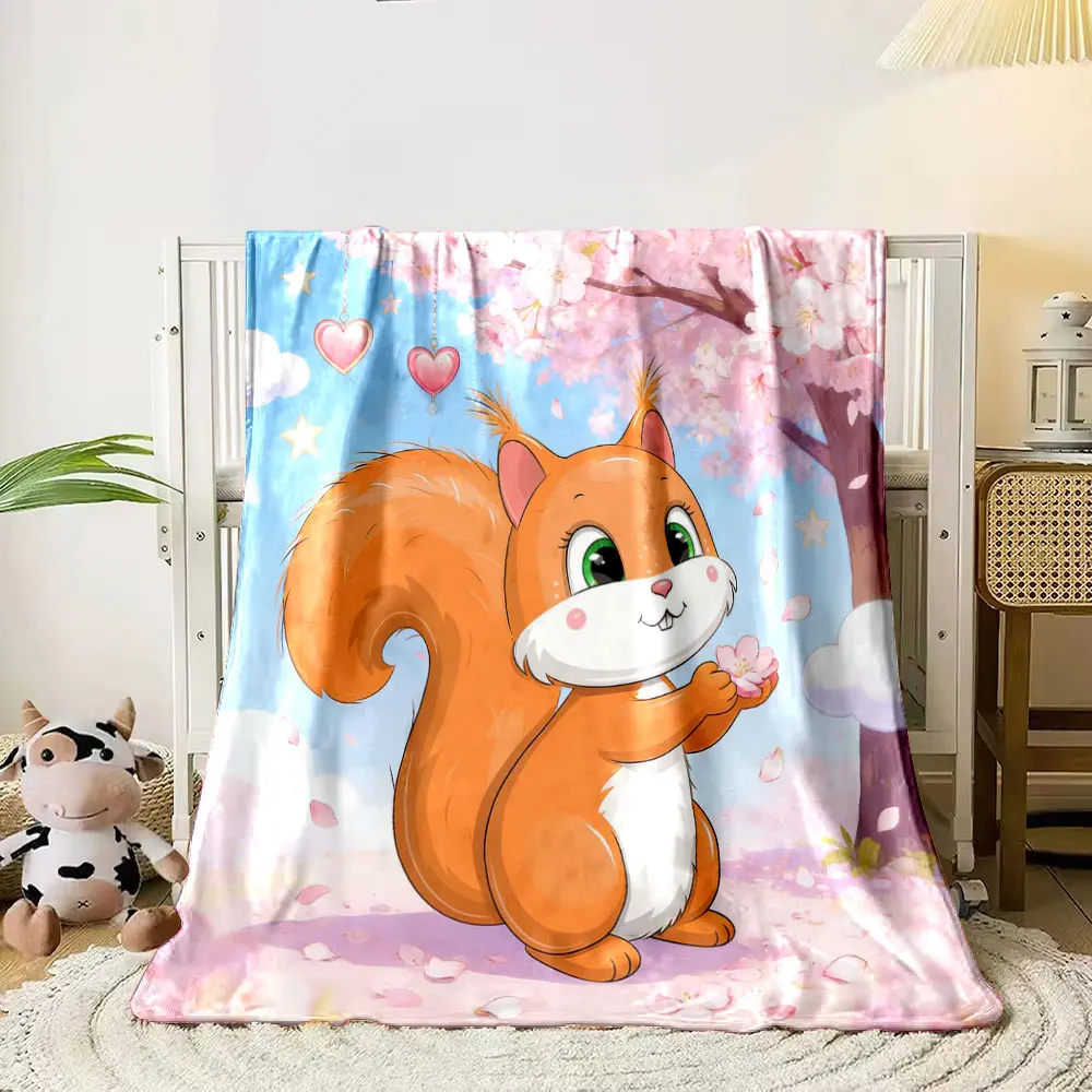 1PC Cute Squirrel Cartoon Printed Blanket, All-Season Multi-Use for Nap, Camping, Travel, Car, Sofa Luxury Gifts Washable