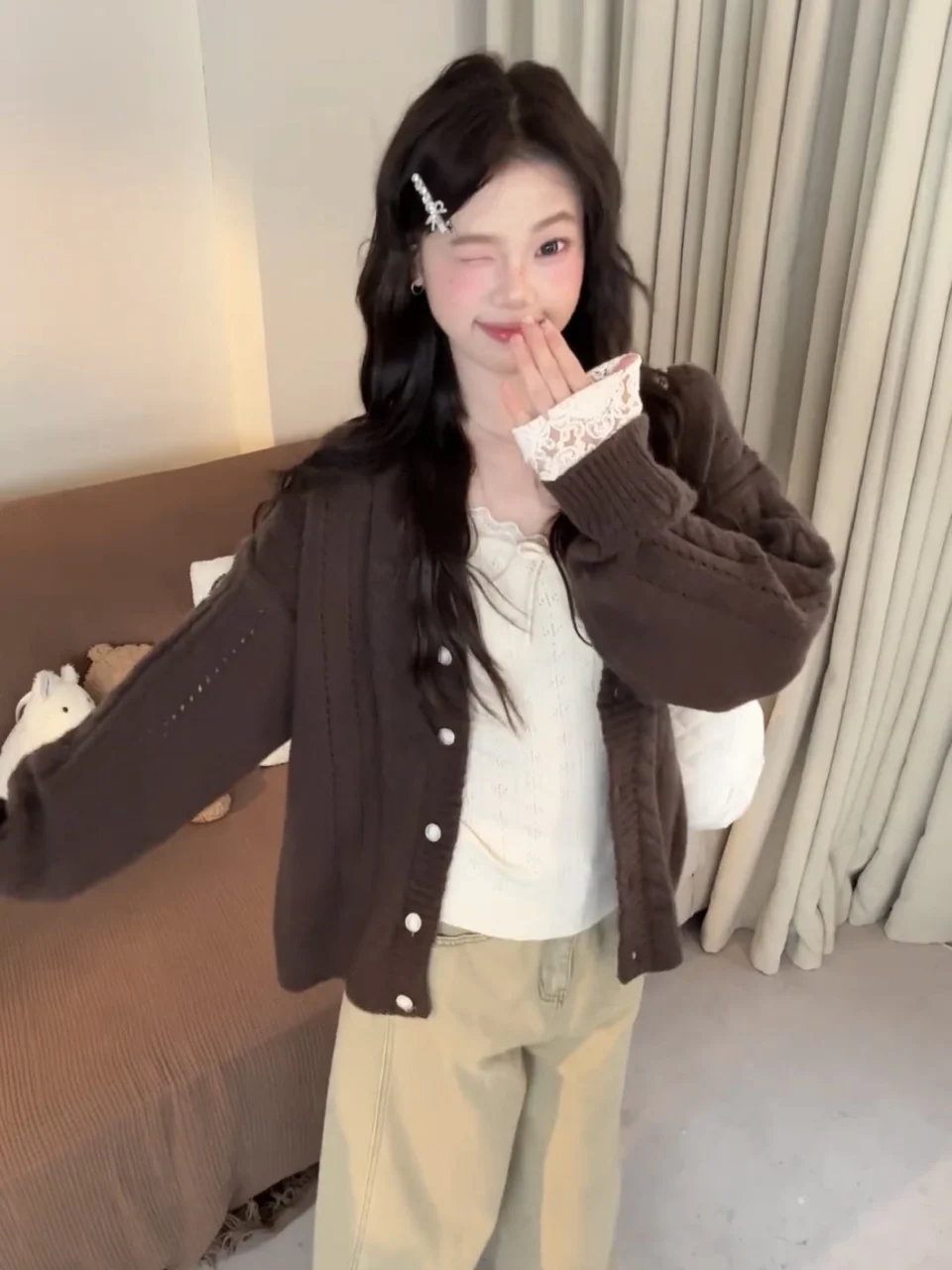 Top de Punto Francés con Encaje, Cuello en V, Manga Larga, Ajustado, Capa Base para Mujer, Otoño Invierno, Moda Juvenil