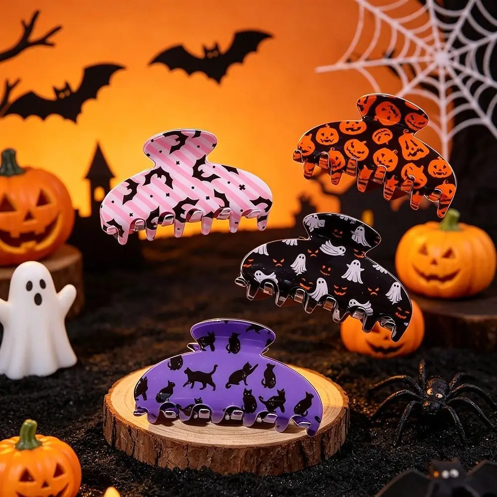 PVC Halloween Hair Claw Spider Skeleton Acrylic Ghost Hairpin Cat Print Witch Hat Pumpki Hair Clip Festive Gathering