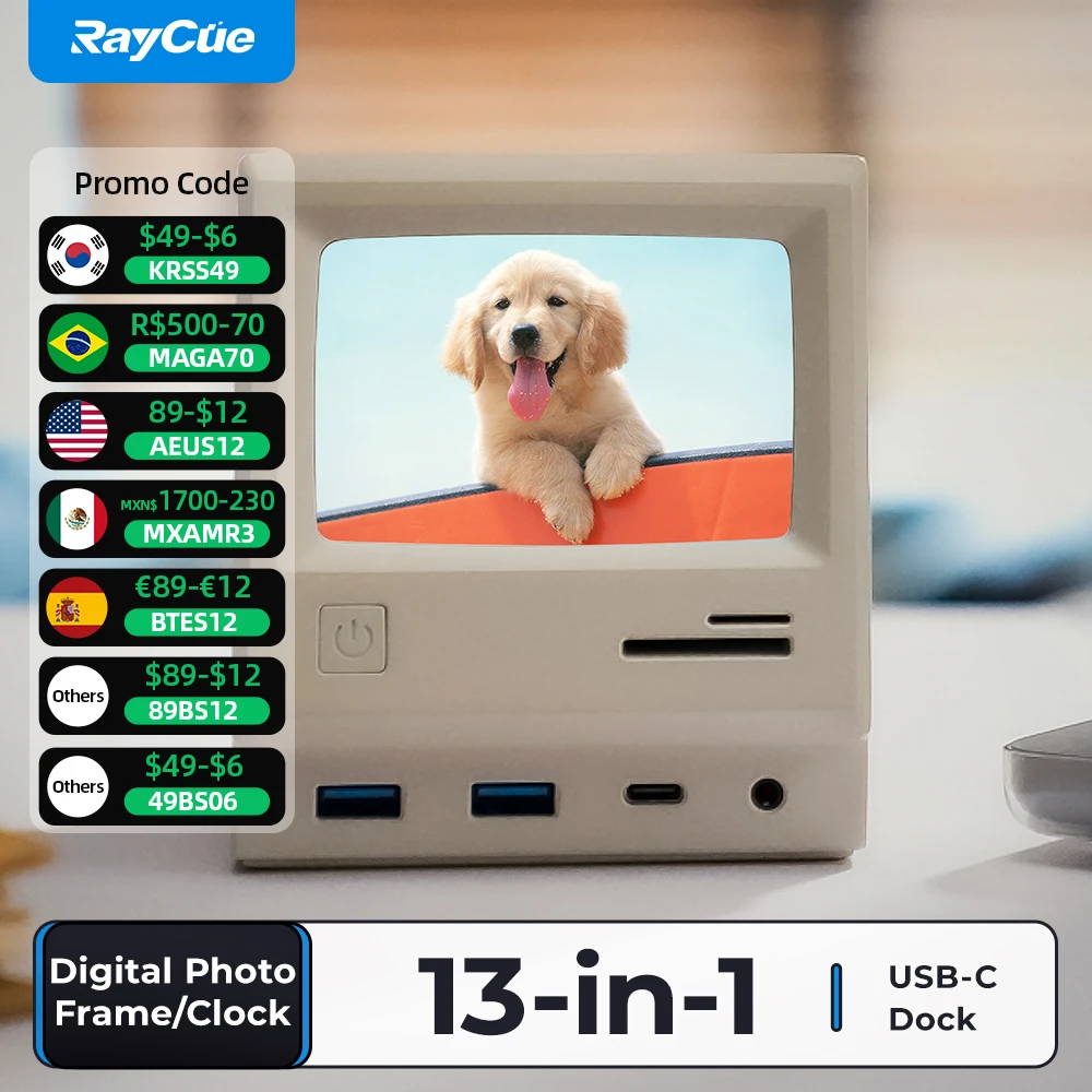 RayCue 128K 디지털액자 디지털 시계 USB C 허브 멀티포트 디스플레이링크 도킹 스테이션 c타입 연장 4K C to HDMI 분배기 맥북 HP Lenovo Yoga Book Dell 삼성 모니터 노트북용 USB Hub 