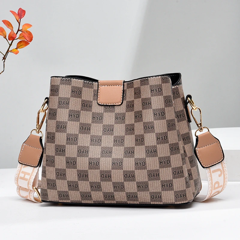 Checkered Pattern Bucket Bag, Vintage Style Shoulder Bag, Trendy Crossbody Bag For Women