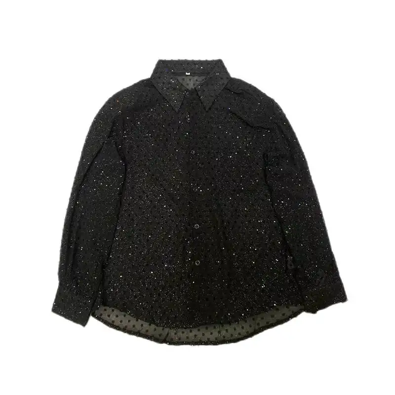 WVGA Spring Summer New Men's Semi-See-Through Gold Stamping Padded Shoulder Mesh Long Sleeve Shirt Niche Chic Casual Tops W17999