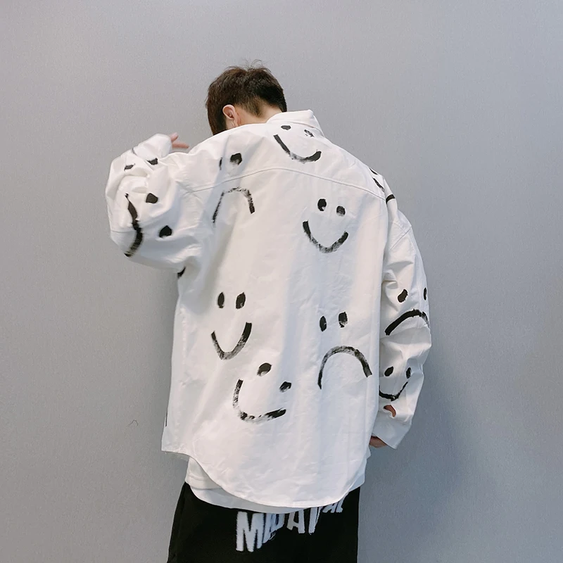 Punk Loser Men Blouse Funny Face Print Shirts Male Spring Autumn High Streetwear Plus Size Tops Dance Club Kpop Ins Tops