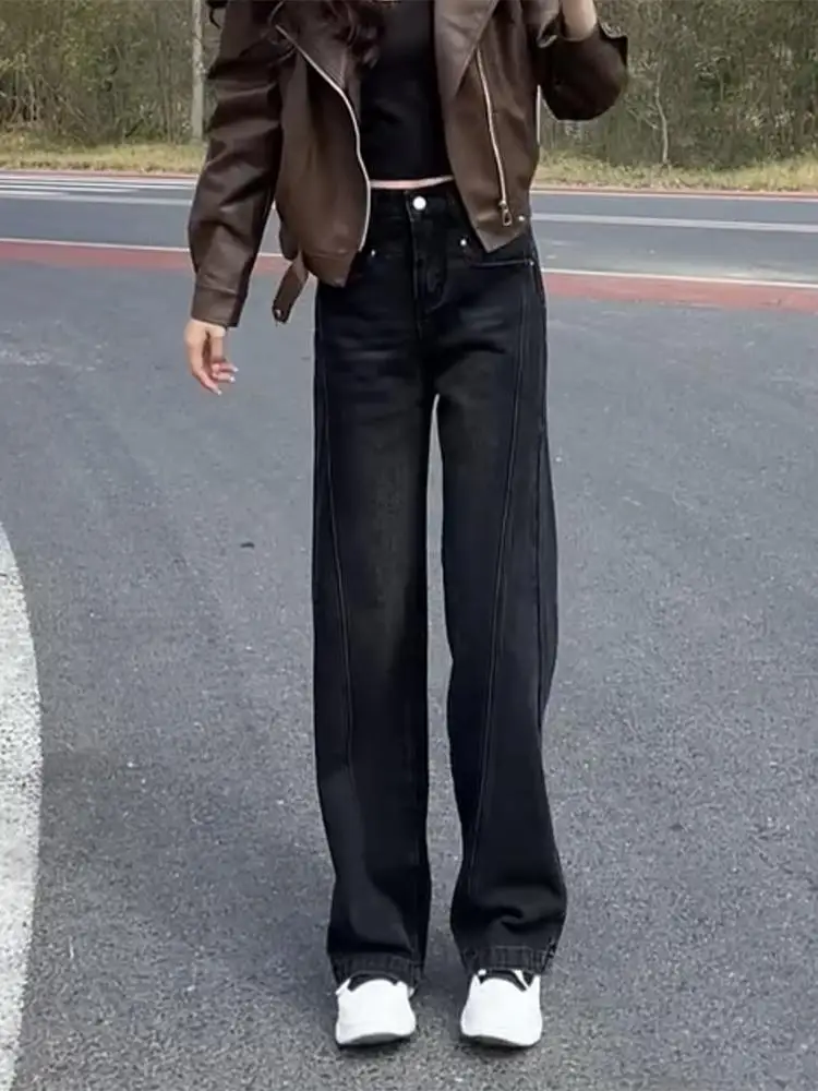 Thiened Fce Jeans mit geradem Bein, hohe Taille, lange Hosen, lockere Jeans mit weitem Bein, Schlankheitseffekt, Herbst, neue Damen-Jeans in Übergröße