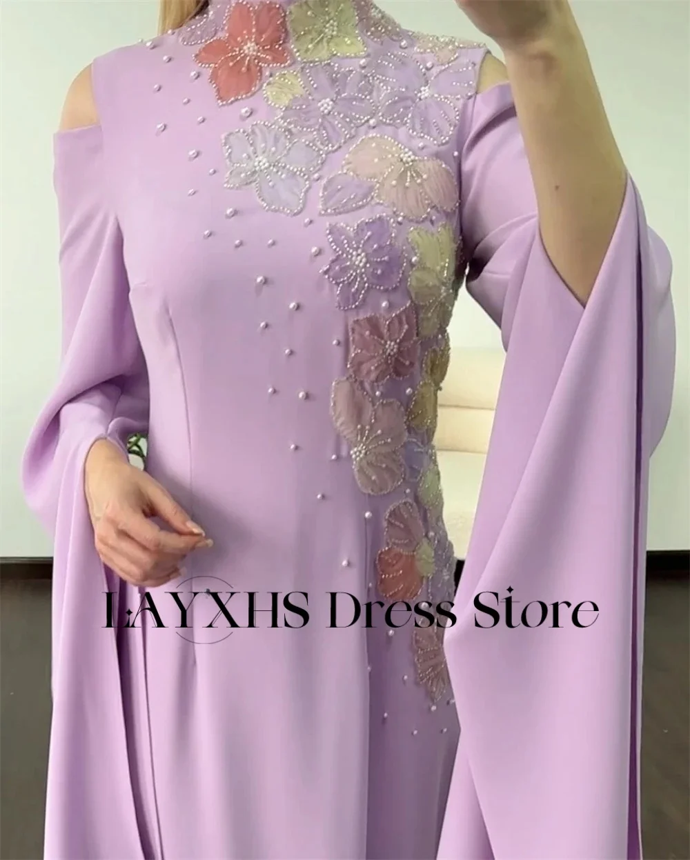 LAYXHS Vestidos de noite elegantes roxos com gola alta e apliques de miçangas, linha A, vestidos de baile longos e sem mangas personalizados
