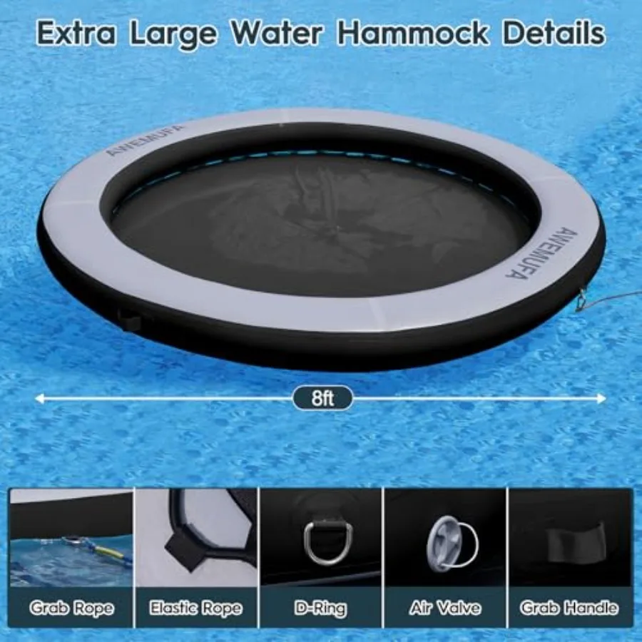 Hamaca Acuática de 8 Pies, Anillo Flotante Redondo de 8 Pulgadas de Grosor con Malla, Flotadores para Lago para Adultos, Colchoneta Flotante Circular Resistente para Piscina Inflable