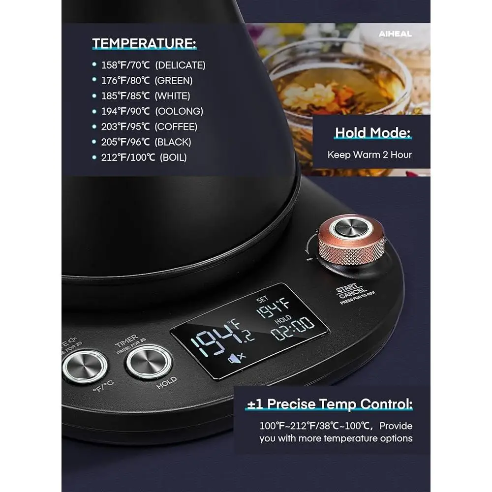 Электрический чайник на гибкой стойке, контроль температуры, прецизионное наливание горячей воды, нержавеющая сталь 304, автоматическое отключение, функция сохранения тепла