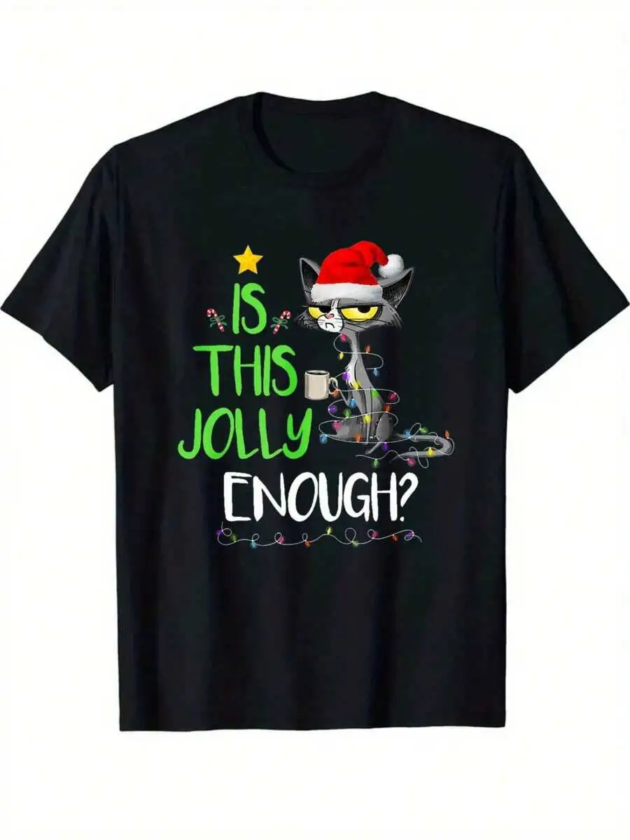 Top Picklocalmen's 180G Heavyweight T-Shirt - Funny "IS THIS JOLLY ENOUGH?"Black Cat In Santa Hat & Lights Print, 100% Cotton