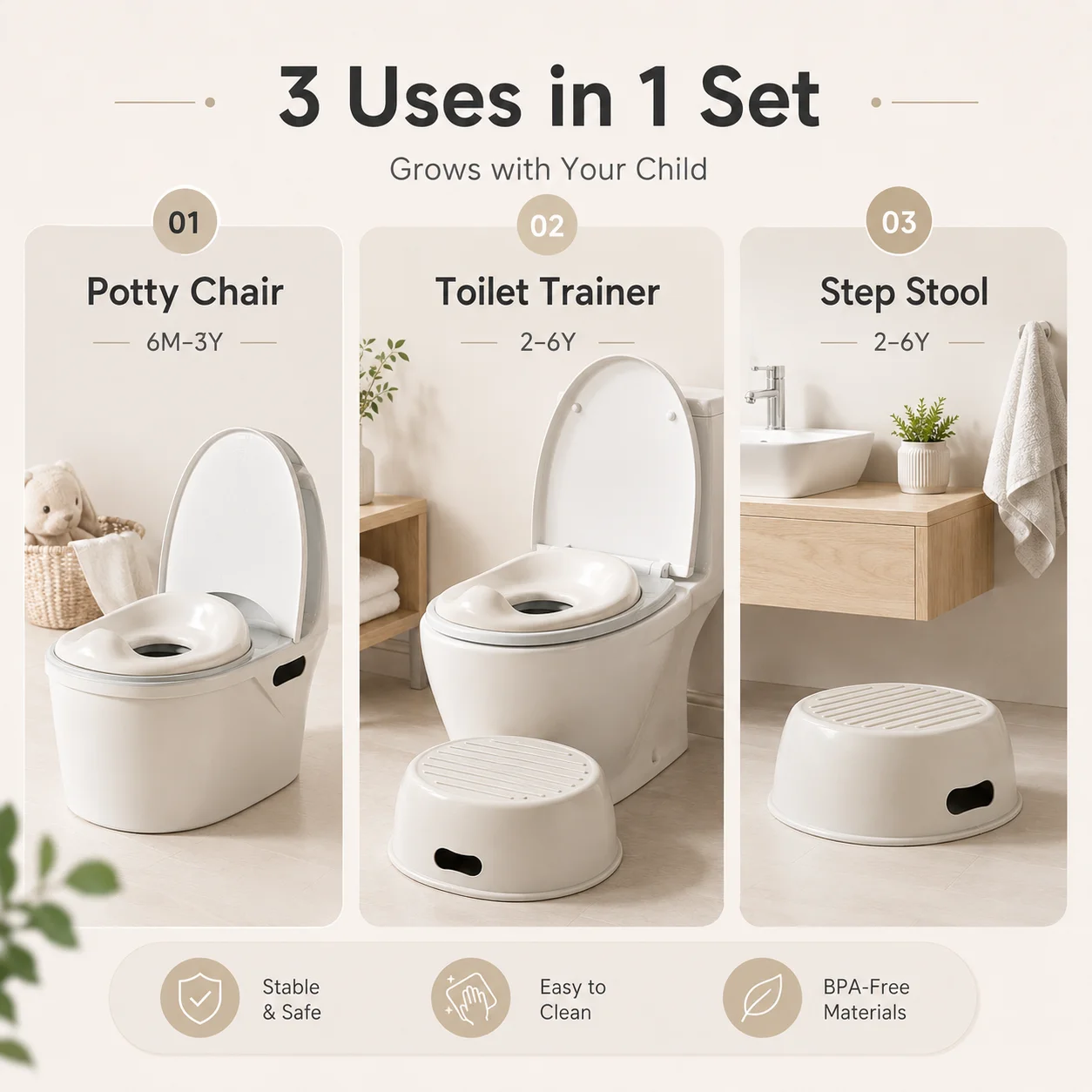 Baby Potty Chair 3 in 1 Toilet Training Seat Detachable Toddler Pot Portable Bathroom Trainer Anti Slip Easy Clean Boys Girls