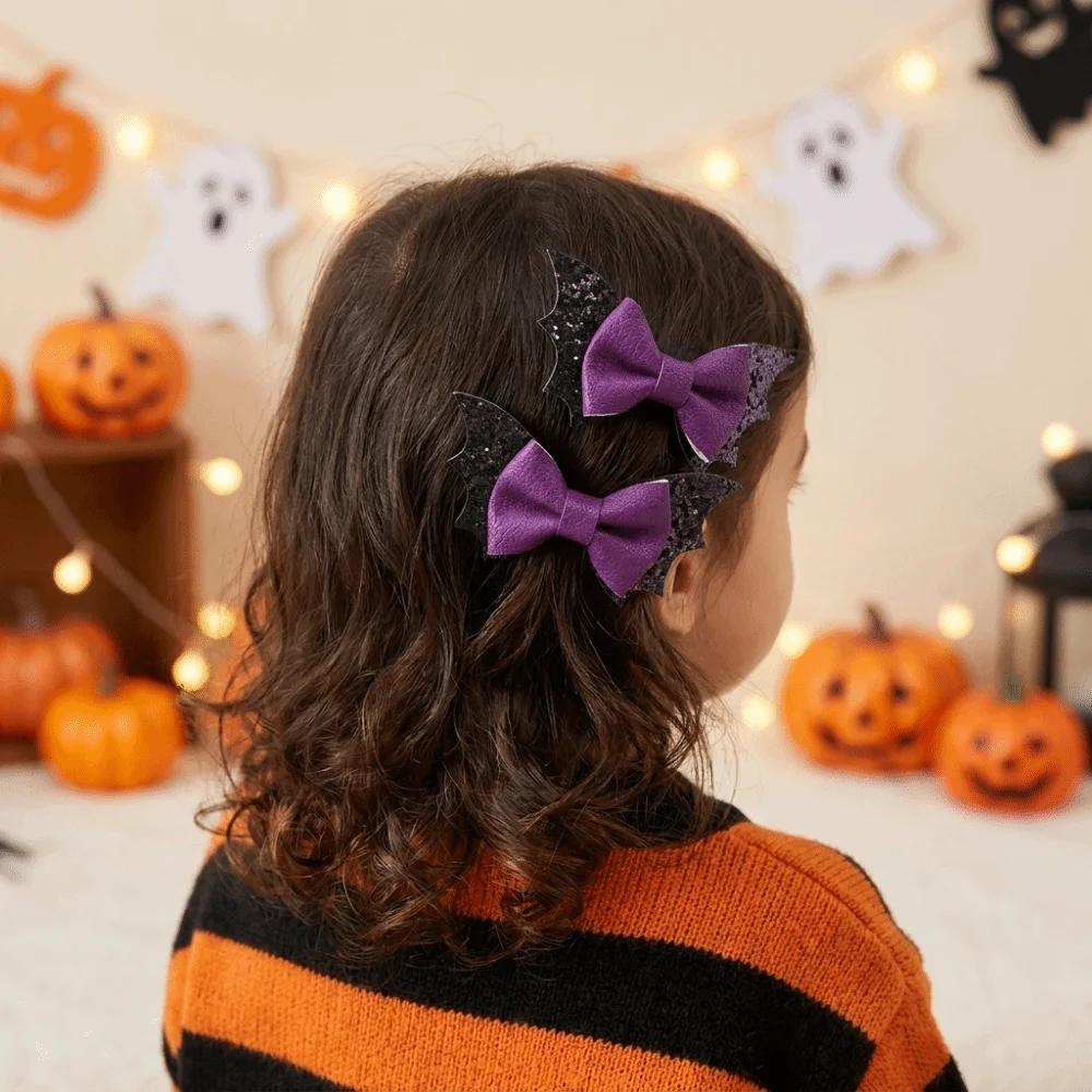 2 pcs/set Bow Bat Wing Hair Clips Double Layered Glitter Halloween Barrettes Black Color Unique Sequins Hairpin Girl view 3