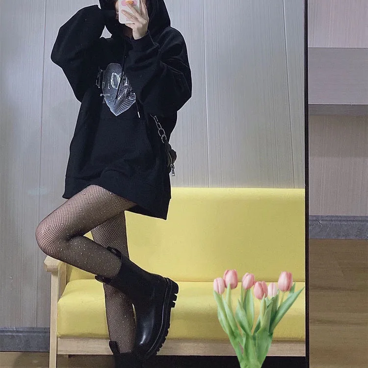 Hooded Cute Hoodies Himegyaru Woman Long Sleeve Stand-Up Plush Vintages Blocking Embroidery Sportswear O Neck Striped Sleeved