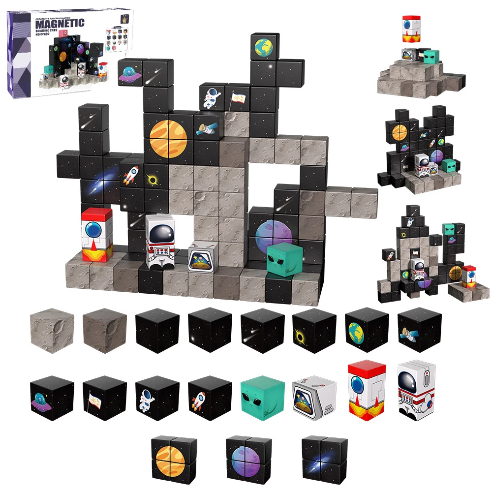100PCS Raum Rakete Magnetische Bausteine Spielzeug Magnet Fliesen Bau Set Gebäude Spielsets für Jungen Montessori Stapeln Spielzeug