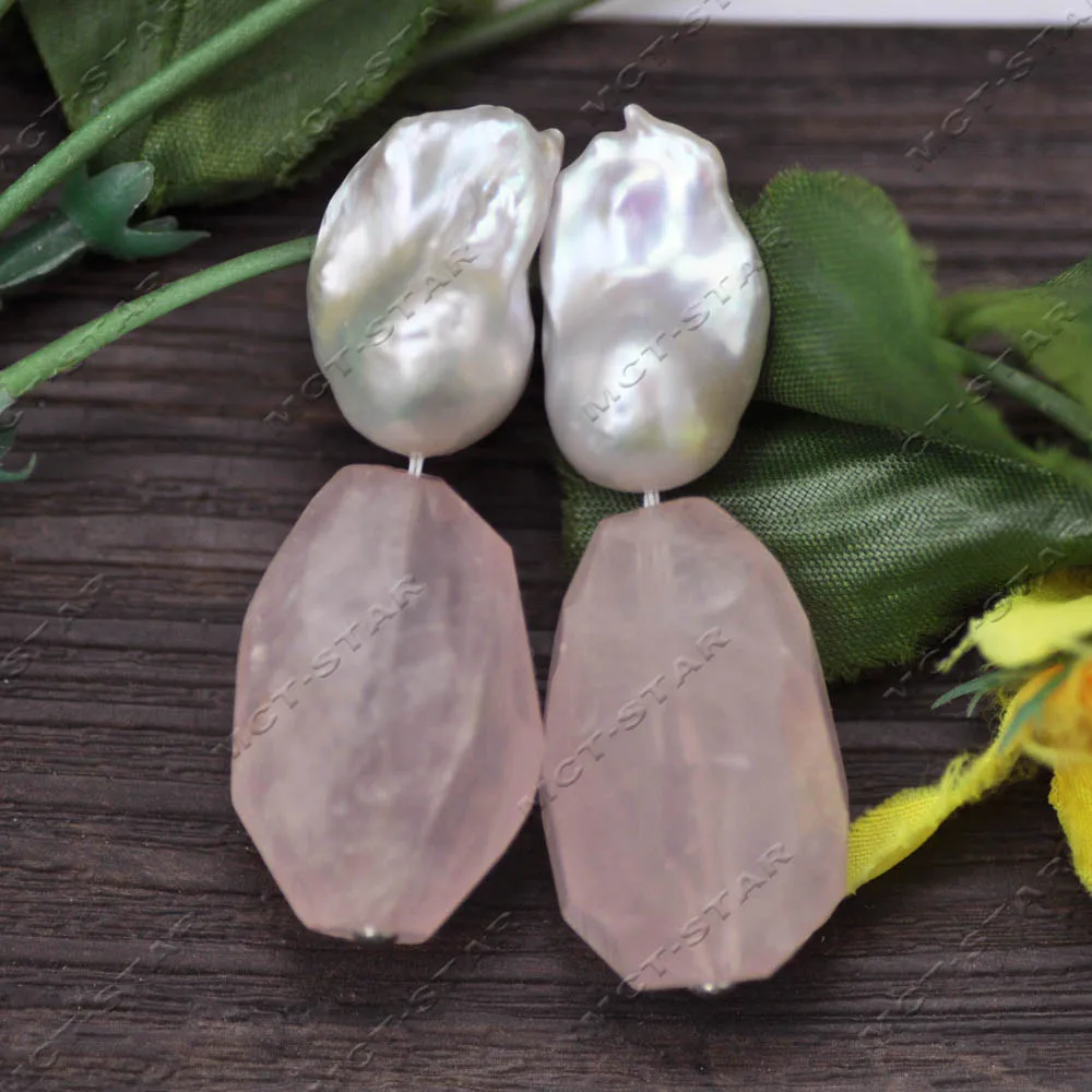 

Z14128 White KESHI Pearl Huge 100% Natural 17" 30mm Baroque Faceted Pink Crystal Dangle Earring