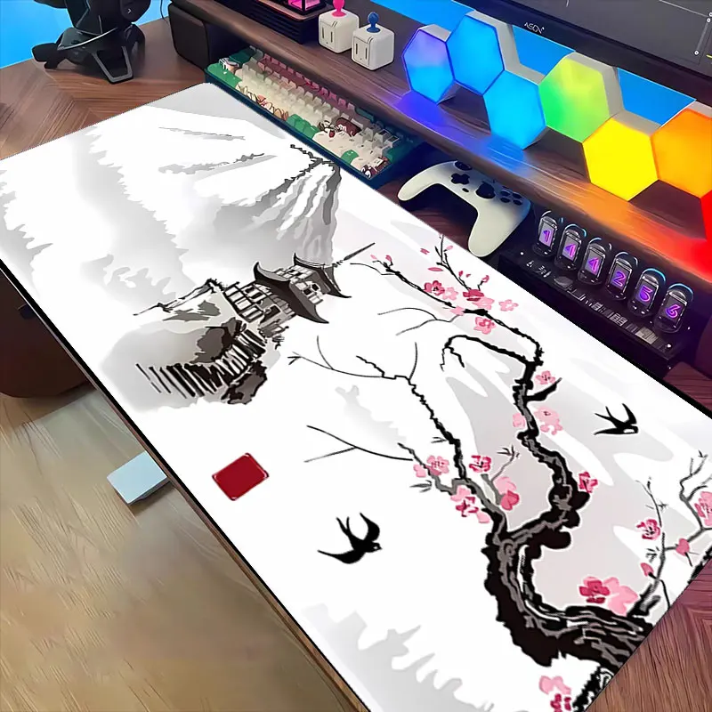 

Sakura Ink Mouse Pad Temple Landscape 30x60 Cherry Blossoms Gaming Desk Mat Non-slip Rubber Washable PC Pads for Game & Office