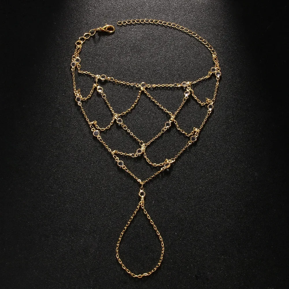 Luxury Rhinestone Mesh Hollow Hand Chain Bracelets Gold Color Stainless Steel Chain Finger Bracelet Trendy Charm Women Jewelry