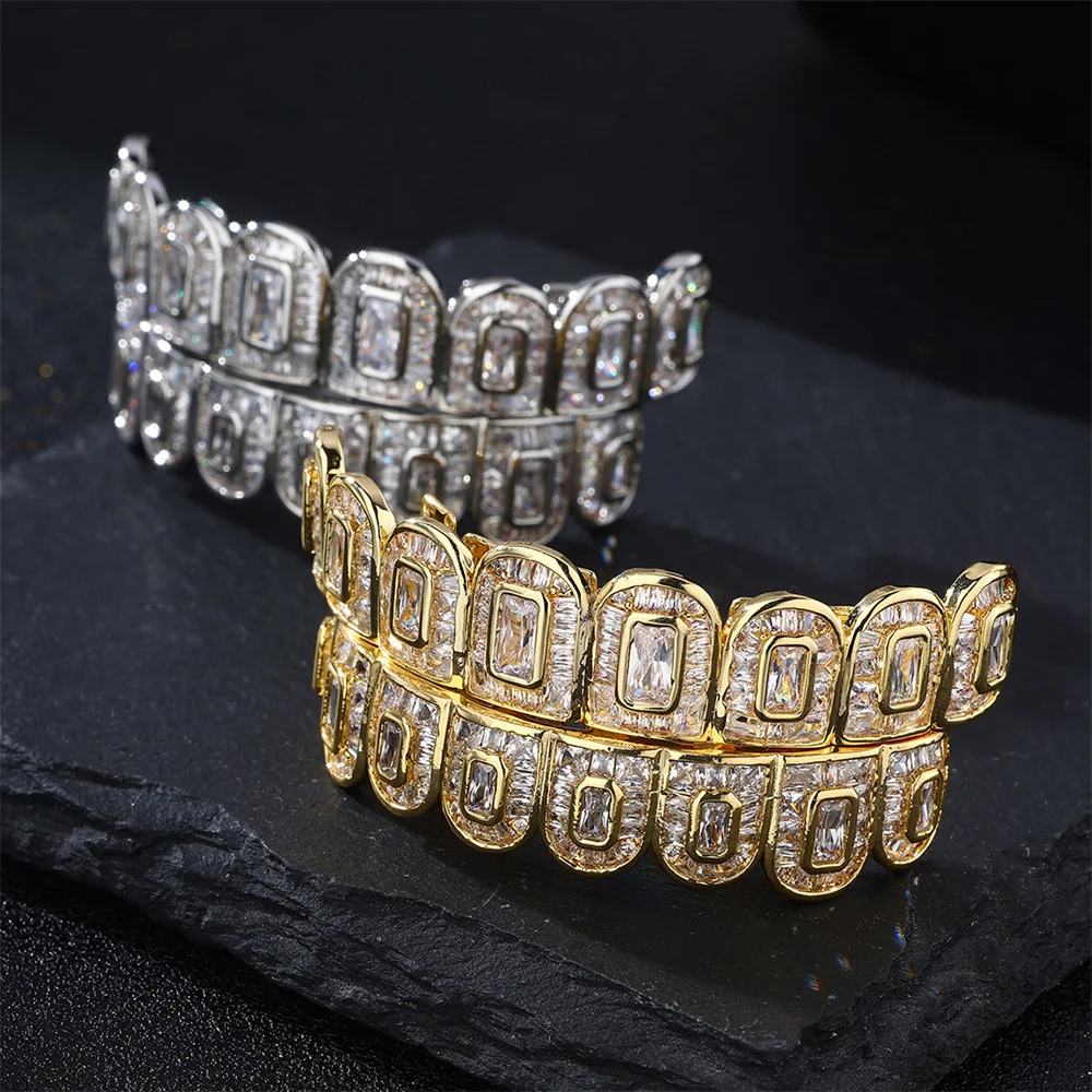 D&Z Hip Pop Luxury Full Iced Out Square Cubic Zirconia Stones Grills Teeth For Men Women Rapper Fashion Grillz Jewelry