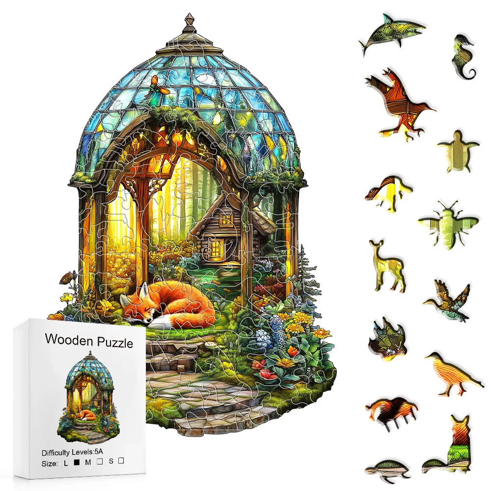 Sleeping Fox In Glass Dome Wooden Puzzle, Enchanted Forest Cabin Jigsaw For Gift & Home Decoration With Unique Creature Cutouts