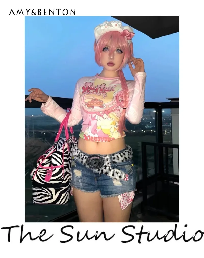 

2025 New Japanese Summer Y2K Millennial Pink Cartoon Print Two-dimensional Yabi Cute Long-sleeved Hot Top For Women