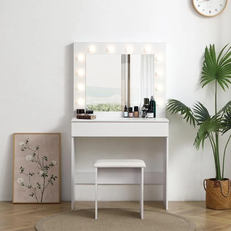 

PINKUU Vanity Table with Large 12 Light Bulbs and Adjustable Brightness LED Lighted Mirror, Dressing Desk wisemble, White Color