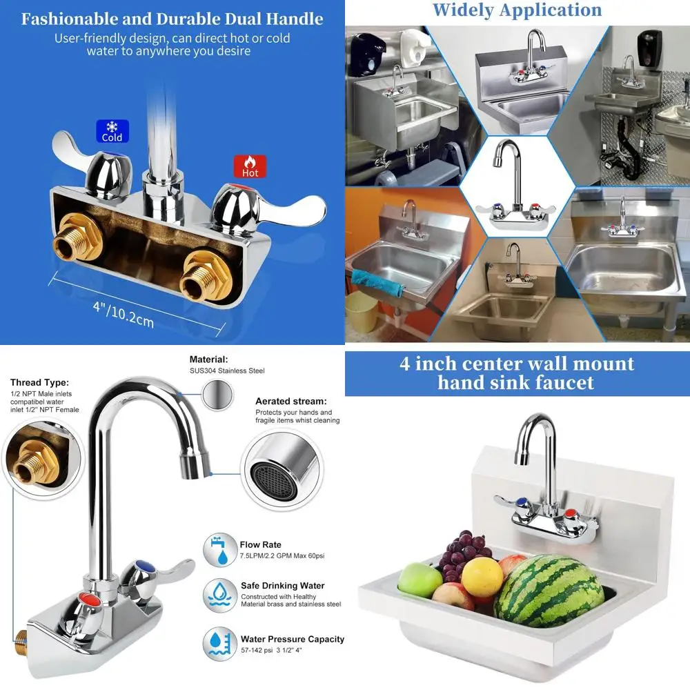 

4 Wall-Mounted Dual-Lever Hand Sink Faucet, 3-1/2 Gooseneck Spout, Brass & Chrome Finish