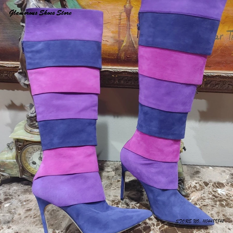 

Colorblock Suede Knee-high Boots Women's Pointed Toe Thin Heels Party Trendy Shoes Spring Autumn Back Zipper Stiletto Boots