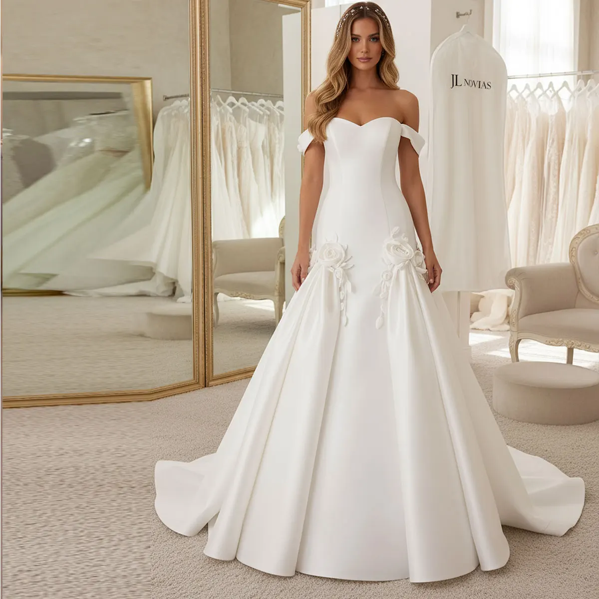 

Elegant Satin Flower Wedding Dress With Train Off Shoulder Ball Gown For Women Long A Line Bridal Party Gown Vestidos Novia